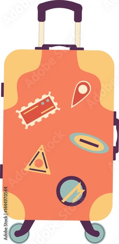 Suitcase in hand drawn, cartoon style. Travel luggage with decorative stickers. Suitable for vacation, airport and tourism themed designs. White background.