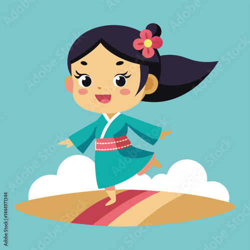 Dive into this delightful cartoon illustration of a cute girl in a kimono dress surfing on the beach. Ideal for summer-themed designs, cultural illustrations, or adding a touch of whimsy to any projec