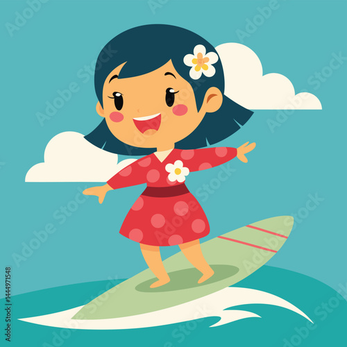 Dive into this delightful cartoon illustration of a cute girl in a kimono dress surfing on the beach. Ideal for summer-themed designs, cultural illustrations, or adding a touch of whimsy to any projec