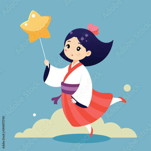 Explore this charming cartoon illustration featuring a cute girl in a kimono dress floating with a star balloon. Ideal for whimsical designs, cultural illustrations, or adding a touch of magic to any 