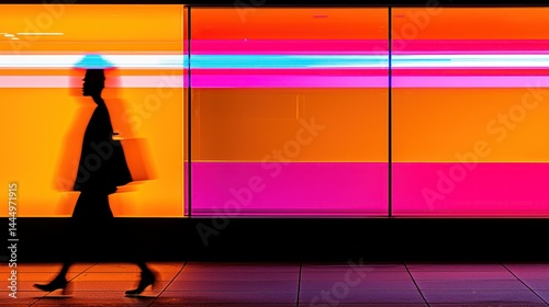 Silhouette of a person walking with shopping bags in the evening