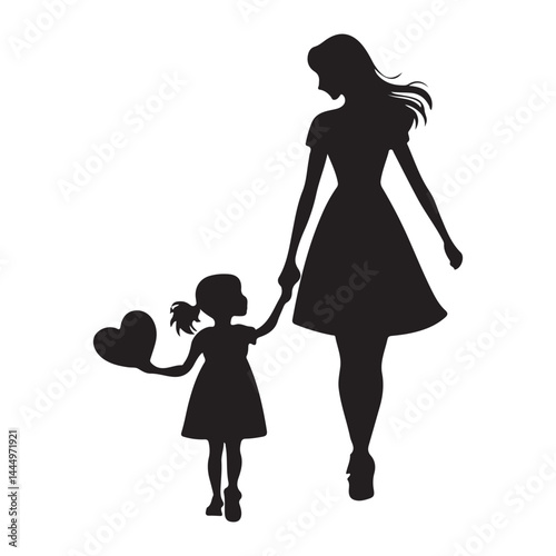 Silhouette of a mother and daughter shows their love as a family