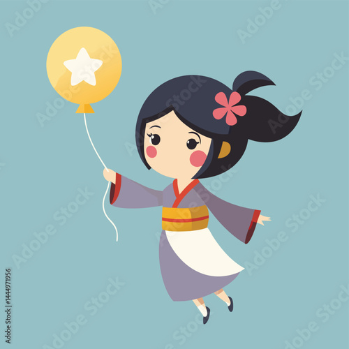 Explore this charming cartoon illustration featuring a cute girl in a kimono dress floating with a star balloon. Ideal for whimsical designs, cultural illustrations, or adding a touch of magic to any 
