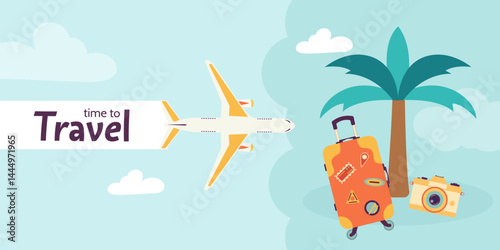 Travel banner, plane flying toward tropical vacation with suitcase, palm, and camera in hand drawn, cartoon style. Suitable for travel websites, summer ads, and holiday promotions. Blue background.