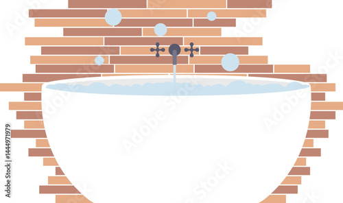 Bathtub with bubbles illustration. Cartoon bathtub with bubbles and foam. Restroom elements, body care