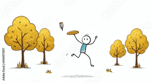 Stick Figure Playing Disc Golf in Park with Autumn Trees