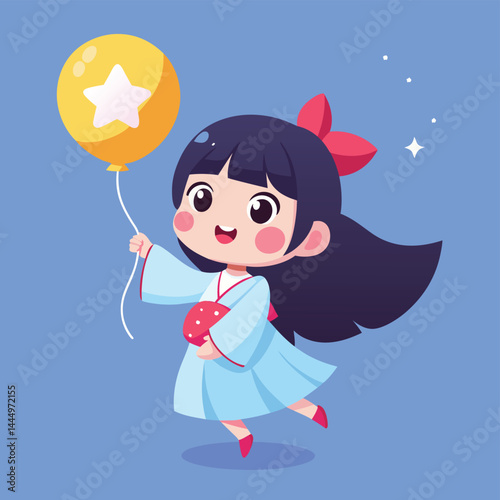 Explore this charming cartoon illustration featuring a cute girl in a kimono dress floating with a star balloon. Ideal for whimsical designs, cultural illustrations, or adding a touch of magic to any 