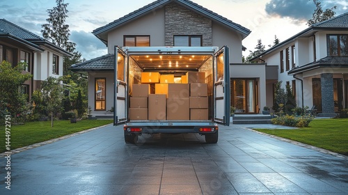 Moving van parked in front of modern house, filled with cardboard boxes relocation scene photo