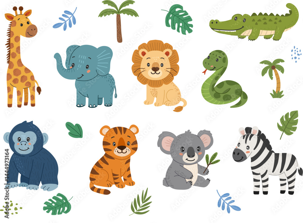 Fototapeta premium Wild animals set in hand drawn, doodle style. Suitable for children content and educational projects. White background.