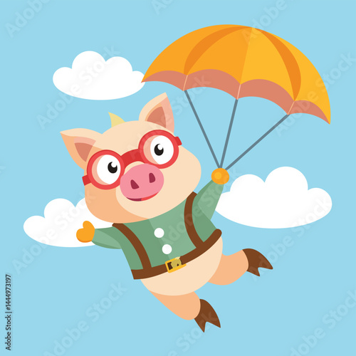 Meet the adorable pig mascot character floating gently with a parachute. Perfect for playful and adventurous designs, children's illustrations, and whimsical projects, this charming character adds a t