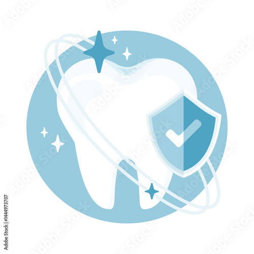 Protected tooth with shield and checkmark. Dental care, strong enamel, and healthy teeth concept. Vector illustration isolated on white background.