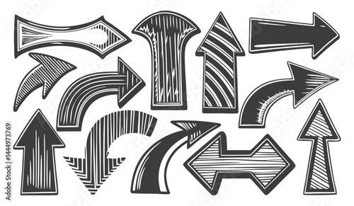 Vector hand drawn arrow icon set Grunge marker line scribbles Handmade curve brush strokes