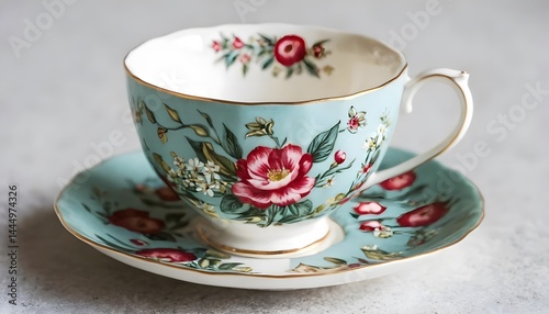 A vintage cup of tea with a saucer, featuring an antique rose pattern, isolated against a clean white background. The high-definition image captures the intricate details of the English-style design