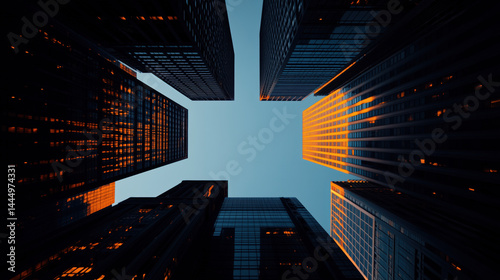 Looking up at modern skyscrapers at sunset, geometric skyline with glowing reflections