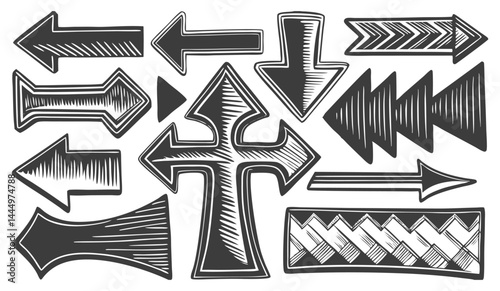 Vector hand drawn arrow icon set Grunge marker line scribbles Handmade curve brush strokes
