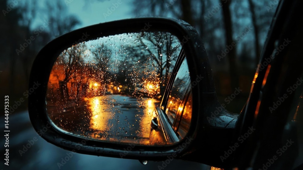 Side view mirror of a car, taken from the driver's side. the mirror is reflecting a street at night, with the lights of the city visible in the background. Side view mirror of a car, taken from the driver's side. the mirror is reflecting a street at night, with the lights of the city visible in the background.