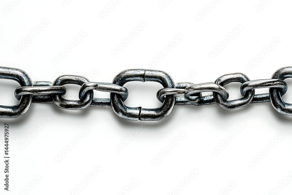 Fototapeta premium Metal chain links lying horizontally on a white surface, close up