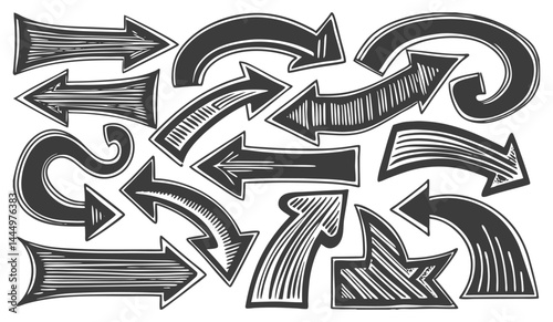 Vector hand drawn arrow icon set Grunge marker line scribbles Handmade curve brush strokes