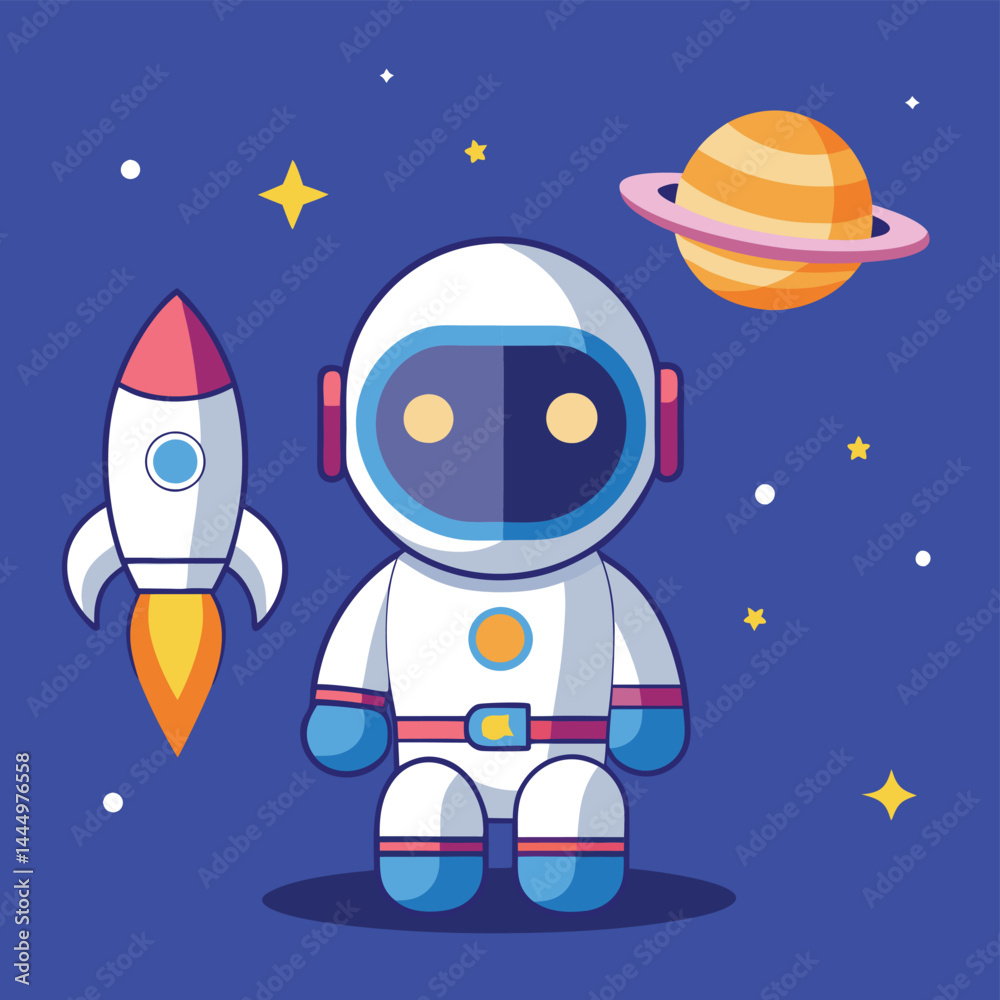 Delight in this charming mascot design featuring a cute astronaut eagerly waiting for a rocket. Perfect for space-themed projects, children's illustrations, and playful designs, this adorable characte Delight in this charming mascot design featuring a cute astronaut eagerly waiting for a rocket. Perfect for space-themed projects, children's illustrations, and playful designs, this adorable characte
