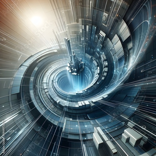 Abstract futuristic city with tall metallic structures and circular data elements, combining architecture and technology. Perfect for tech themes, artificial intelligence, and future cities.