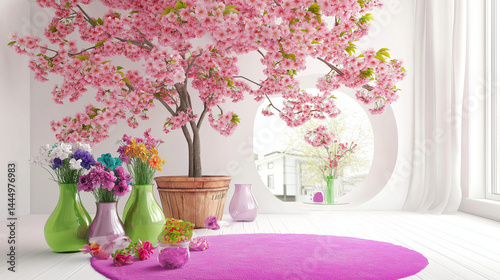 Blossoming cherry tree enhances bright indoor garden space
