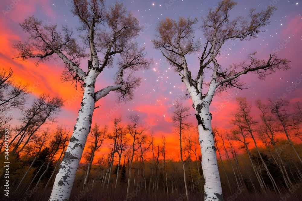 Obraz premium Majestic Aspen Trees at Sunset with Starry Night Sky Witness the breathtaking beauty of nature's colorful spectacle