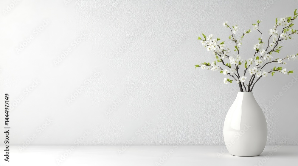 Fototapeta premium A white ceramic vase with delicate blossoming branches on a minimalist white surface, elegant floral arrangement, and simple and serene interior decor concept.