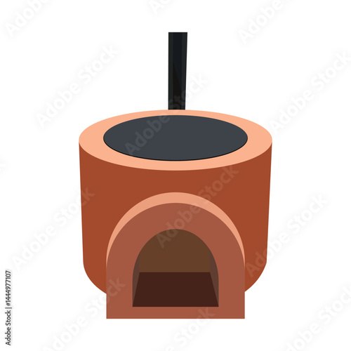 Traditional clay stove with chimney and round cooking surface illustration