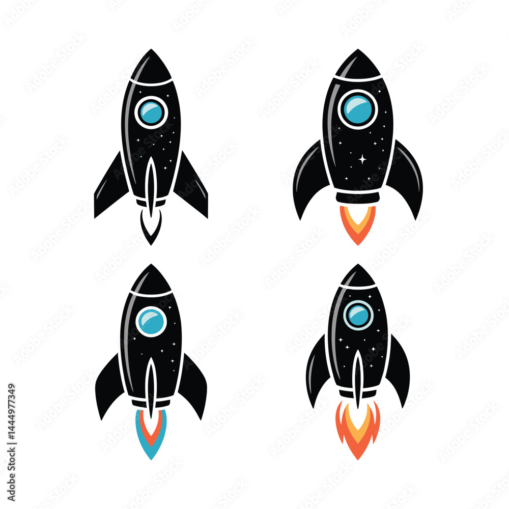 Four Retro Black Rocketship Illustrations for Space Designs Four Retro Black Rocketship Illustrations for Space Designs