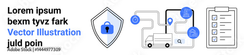 Shield with lock symbol, logistic icons, delivery truck, navigation pins, and a checklist. Ideal for security, logistics, delivery, planning protection navigation and flat landing page banner