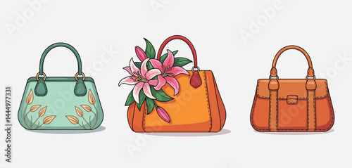 Three Stylish Handbags with Floral and Leaf Designs
