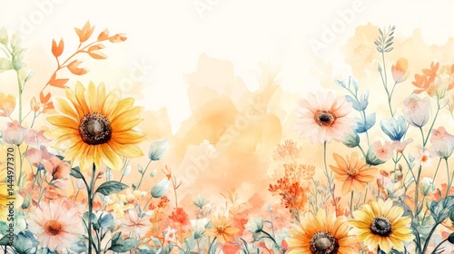 watercolor drawing of sunflower on white backdrop. painting flowers background. illustration floral nature.  flower wallpaper for greeting cards, weddings or birthdays. Copy space. space for text