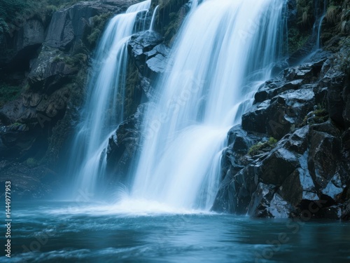 A cascading waterfall flowing over rocky terrain into a pool below