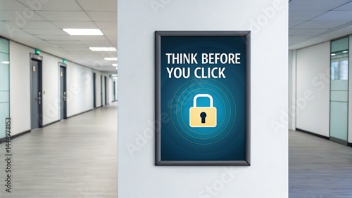 cybersecurity malware resilience, A security awareness poster in an office hallway reads 