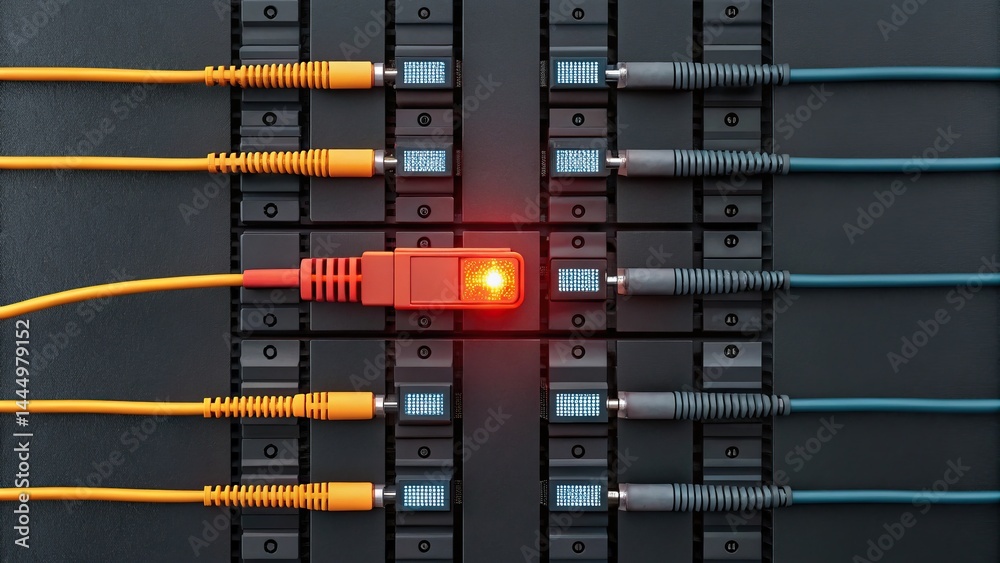 cybersecurity malware resilience, under 200 characters): Multiple network cables are plugged into a server panel, with one red cable prominently lit up cybersecurity malware resilience, under 200 characters): Multiple network cables are plugged into a server panel, with one red cable prominently lit up