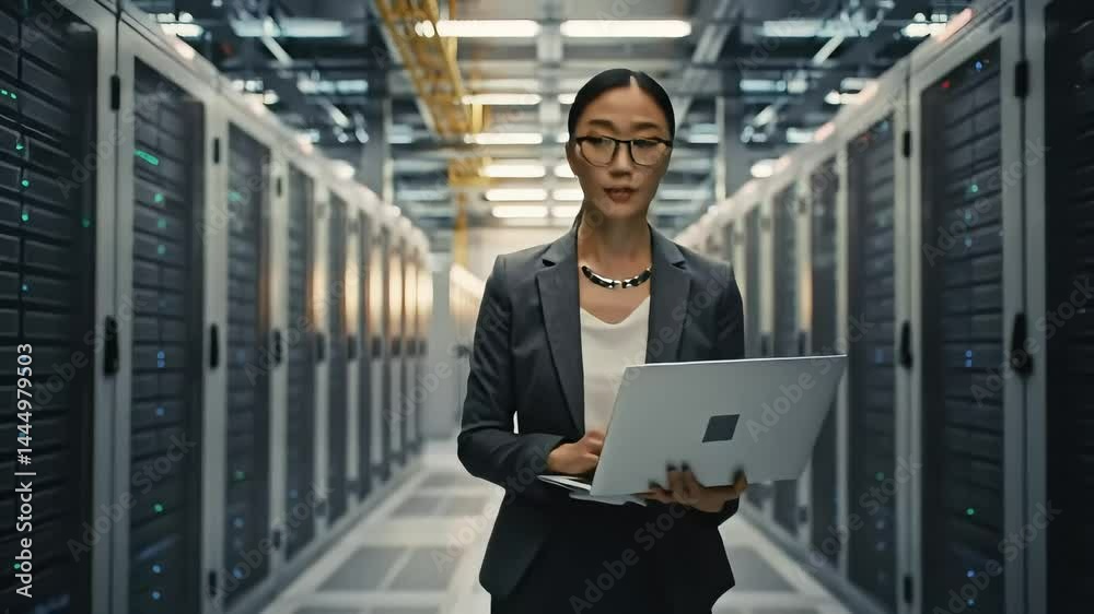 Professional woman with laptop working amidst rows of servers in a modern data center environment. Professional woman with laptop working amidst rows of servers in a modern data center environment.