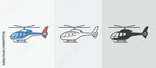 Helicopter Icon Set Blue White Black Line Art
