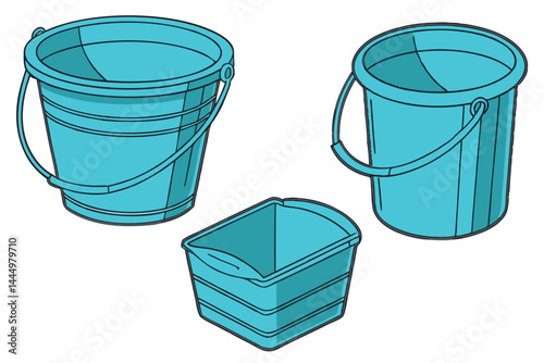 2 Blue plastic buckets, vibrant cyan containers, multiple angles, simple household objects, clean design, smooth surfaces, cylindrical shapes, sturdy handles, versatile utility items, industrial photo