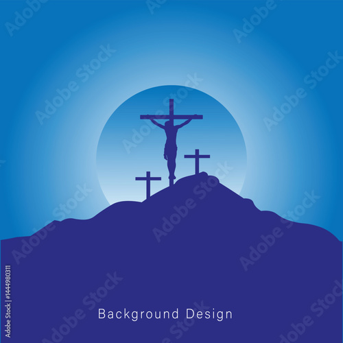A wooden cross stands silhouetted against a blue sky with clouds on a mountain, a symbol of religious faith and spiritual belief in the Christian landscape