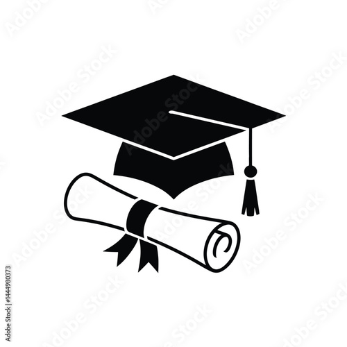 Graduation Cap and Diploma Icon Black and White