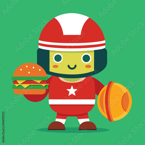 Explore the fun and energy of a cheerful American football player alongside a burger mascot, capturing the excitement of sports and delicious food in a vibrant illustration.
