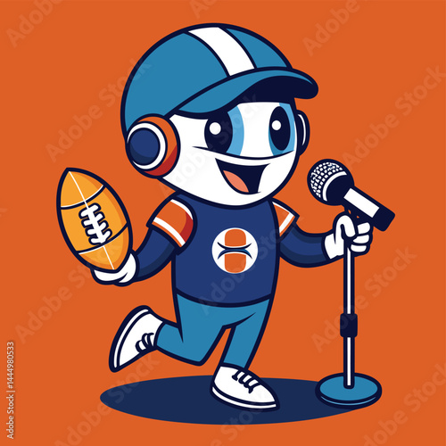 Enjoy the energetic charm of a cute American football player mascot singing into a microphone, capturing the spirit of sportsmanship and musical talent in a vibrant illustration.
