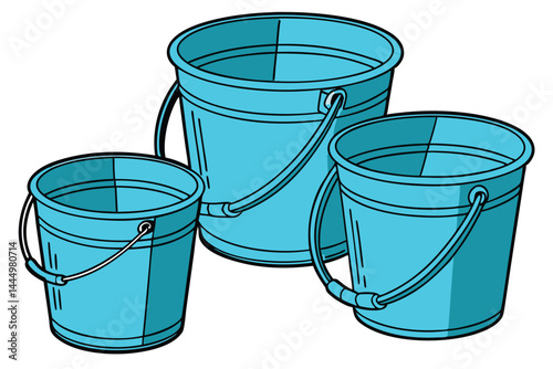 2 Blue plastic buckets, vibrant cyan containers, multiple angles, simple household objects, clean design, smooth surfaces, cylindrical shapes, sturdy handles, versatile utility items, industrial photo