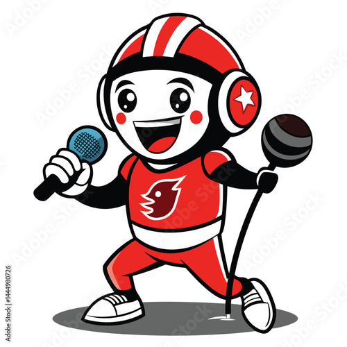 Enjoy the energetic charm of a cute American football player mascot singing into a microphone, capturing the spirit of sportsmanship and musical talent in a vibrant illustration.
