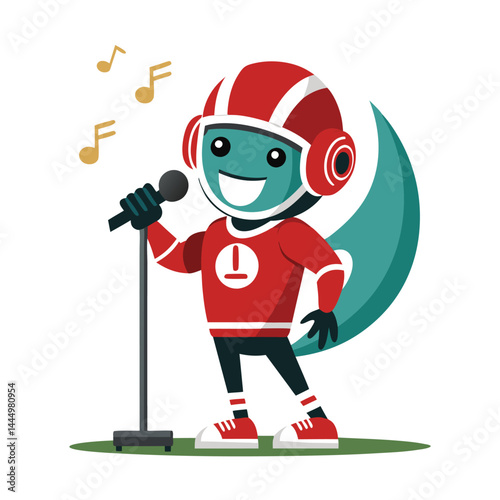 Enjoy the energetic charm of a cute American football player mascot singing into a microphone, capturing the spirit of sportsmanship and musical talent in a vibrant illustration.
