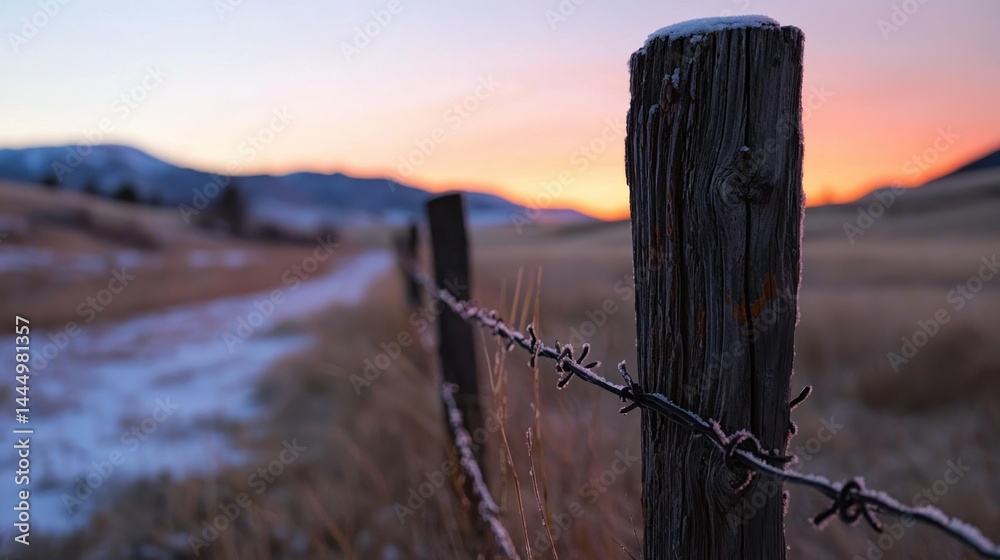 Rustic wooden fence with barbed wire in scenic rural landscape Rustic wooden fence with barbed wire in scenic rural landscape