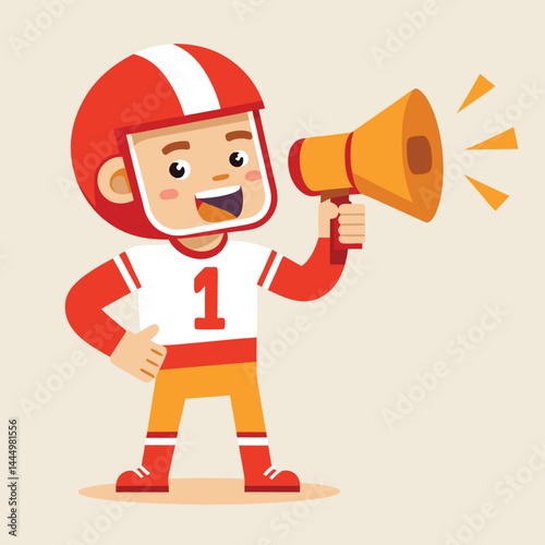 Witness the dynamic presence of a cute American football player mascot delivering announcements through a megaphone, blending athletic enthusiasm with effective communication in a vibrant illustration