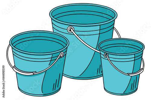 2 Blue plastic buckets, vibrant cyan containers, multiple angles, simple household objects, clean design, smooth surfaces, cylindrical shapes, sturdy handles, versatile utility items, industrial photo