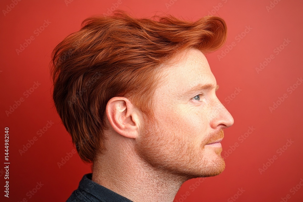 Obraz premium Red solid background. A smiling man in a professional portrait session. Fashionable men's crew cut haircut - midlife white man with red hair. Creative design idea of style for aging men.