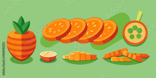 Set of whole carrot, sliced carrot pieces, chopped rings, orange root vegetable in healthy food concept illustration.